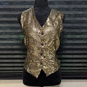Vintage Jeri Marque Black w Gold Sequins Beaded Flower Button NYE Vest WN MED‎